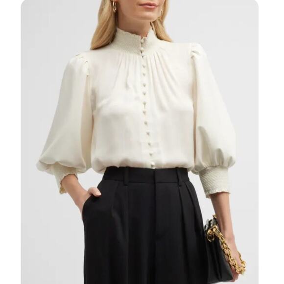 Alice + Olivia Carmina Vegan Leather Smocked Cuff Blouse.